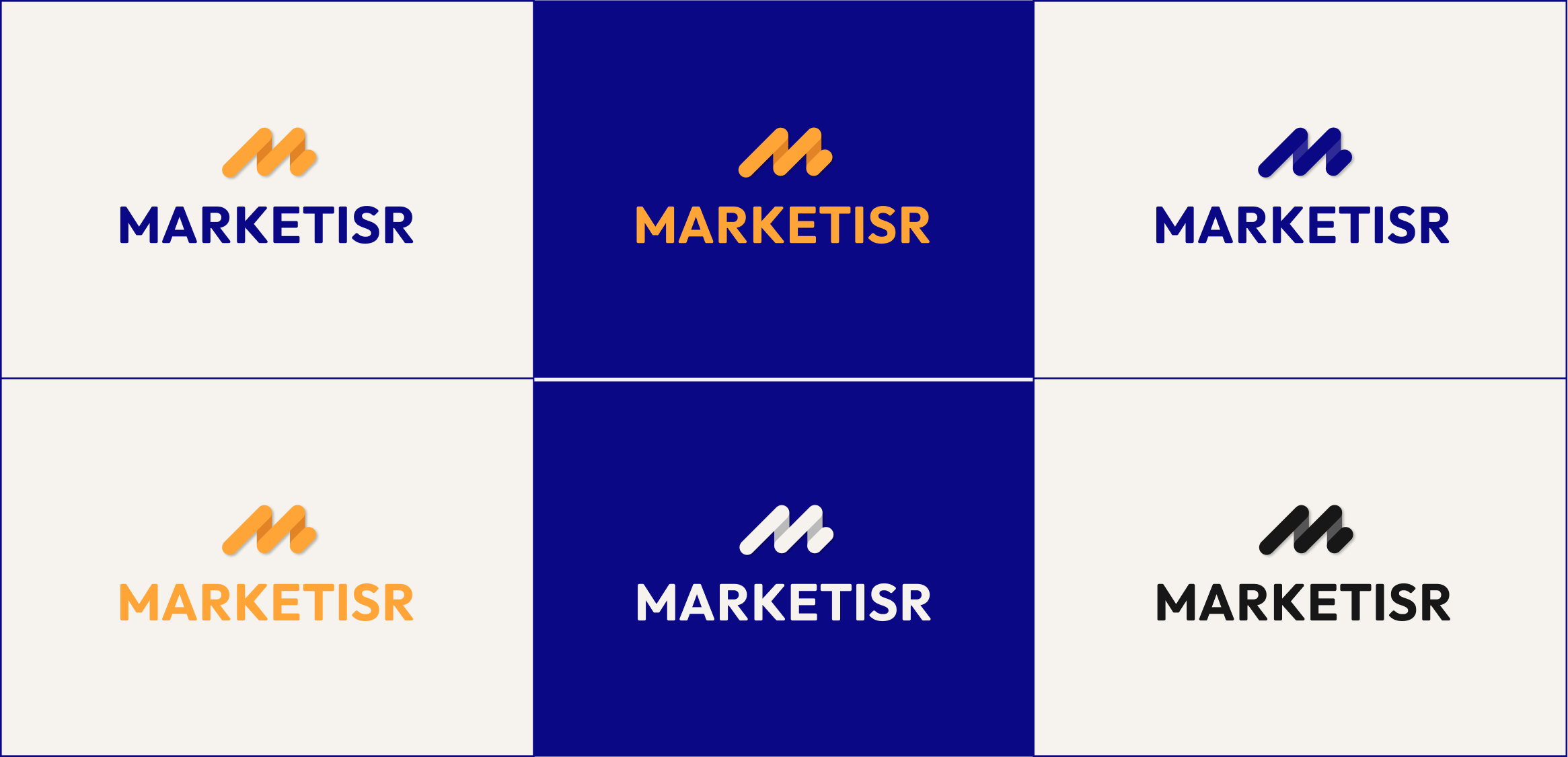 Mulige farvekombinationer for Marketisr logo. Man ser mest farverne orange og blå og hvordan de kan sammensættes på forskellige baggrunde, men også hvordan logoet ser ud i sort og hvid