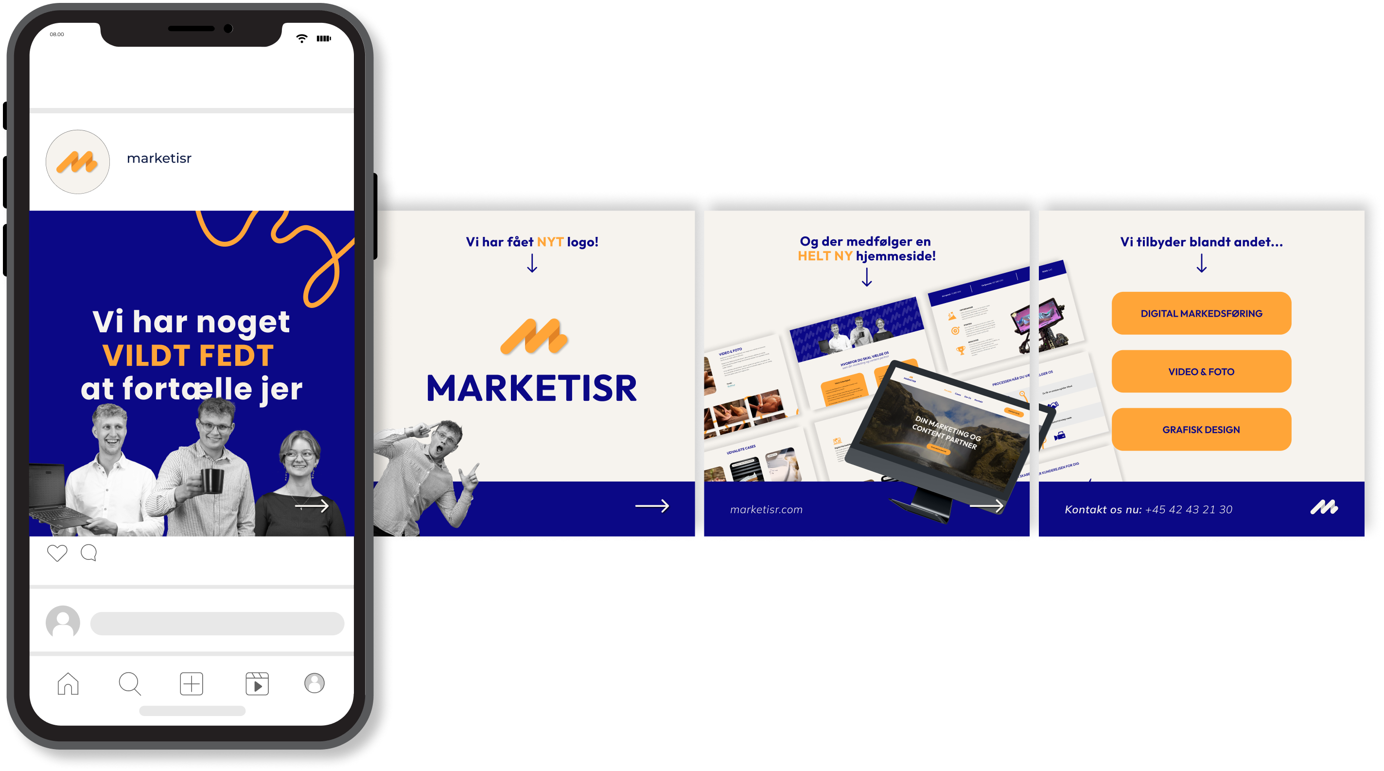 Et eksempel på et Instagram opslag slået op af Marketisr. En karrusel hvor vi præsenterer vores nye visuelle identitet